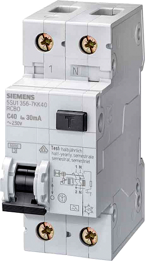 SIEMENS 5SU1356-6KK13 FI/LS-Schalter, 6 kA, 1P+N, Typ A, 30 mA, B-Char, In: 13 A, Un AC: 230 V